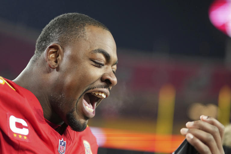 Kansas City Chiefs defensive tackle Chris Jones celebrates following an NFL football AFC divisional playoff game against the Houston Texans Saturday, Jan. 18, 2025, in Kansas City, Mo. (AP Photo/Charlie Riedel)