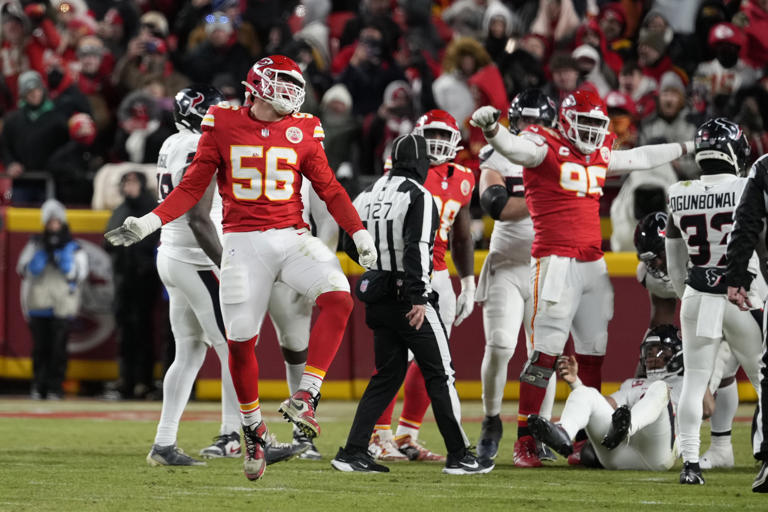 Kansas City Chiefs defensive end George Karlaftis (56) celebrates sacking Houston Texans quarterback C.J. Stroud during the second half of an NFL football AFC divisional playoff game Saturday, Jan. 18, 2025, in Kansas City, Mo. (AP Photo/Ed Zurga)