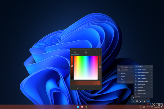 Screenshot of Windows 11 with a semi-transparent red taskbar and a TranslucentTB color picker and menu