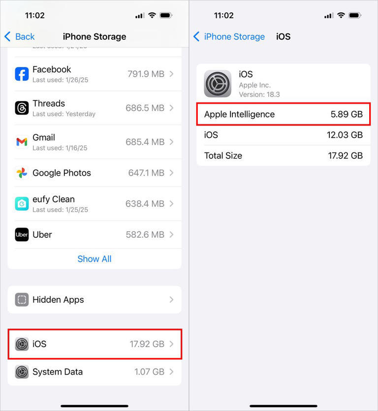 See how much space Apple Intelligence is using in Settings. Screenshots by Jeff Carlson/CNET