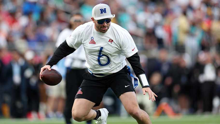 NFC quarterback Baker Mayfield (60 of the Tampa Bay Buccaneers drops back to pass against the AFC during the 2024 Pro Bowl. | Nathan Ray Seebeck-Imagn Images