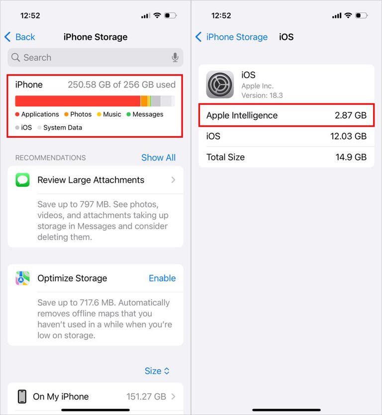 Once I filled my iPhone's storage, the inactive Apple Intelligence data was purged to accommodate the added files, dropping from 5.89GB to 2.87GB. Screenshots by Jeff Carlson/CNET
