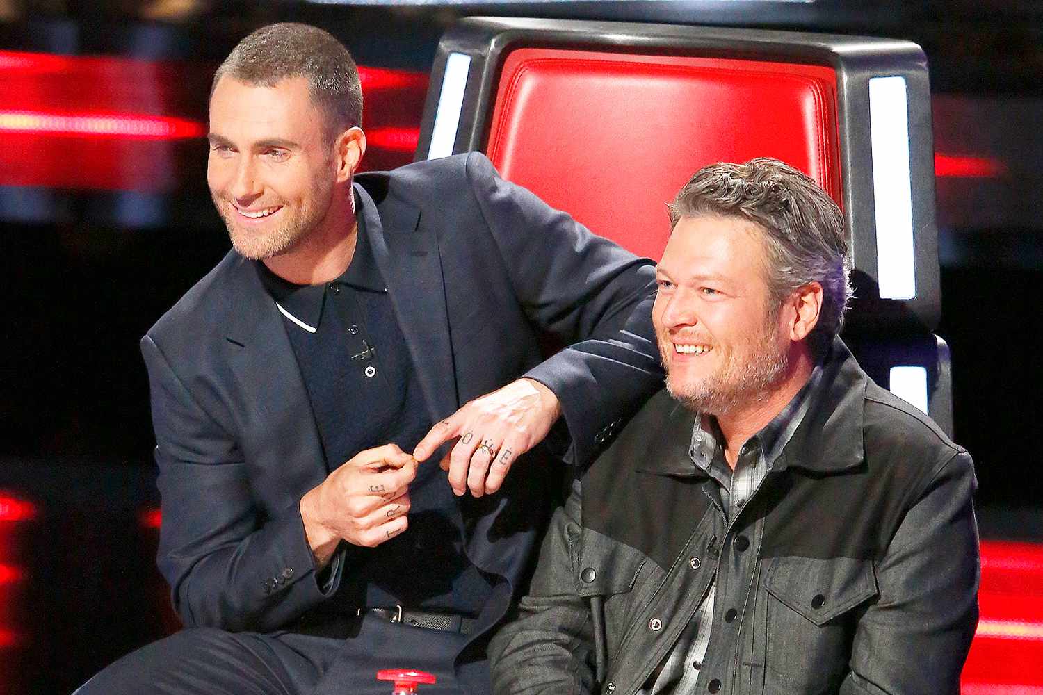 Trae Patton/NBCU Photo Bank/NBCUniversal via Getty Adam Levine and Blake Shelton on The Voice