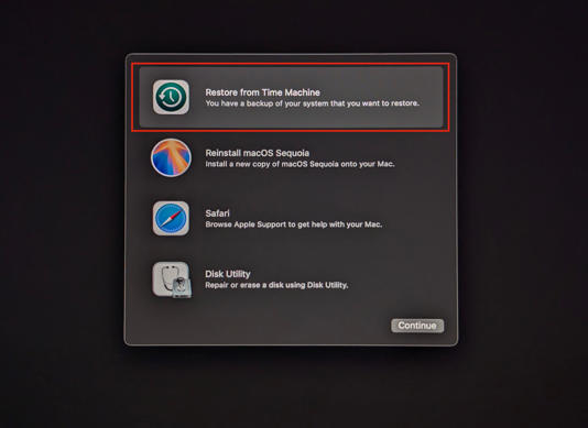 Restore a Time Machine backup in Recovery.