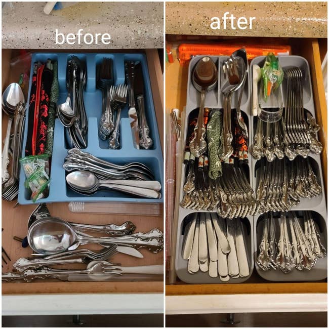Silverware drawer shown before and after tidying with an organizer, highlighting improved order and space-saving