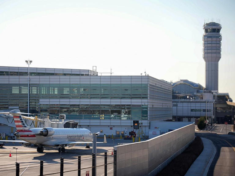 American Airlines regional jets park at the Reagan National Airport, January 30, 2025 in Arlington, Virginia.