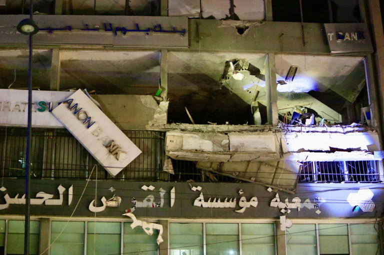 The site of an Israeli airstrike that targeted a branch of Al-Qard al-Hassan in Sidon, Lebanon.