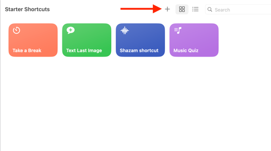 Plus + icon in Shortcuts app on Mac.