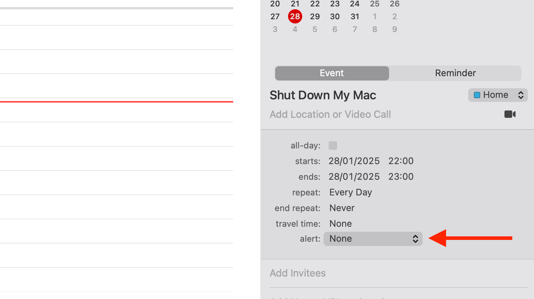 Alert dropdown for event in Calendar app on Mac.-1