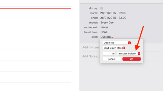 Minutes Before dropdown for event in Calendar app on Mac.