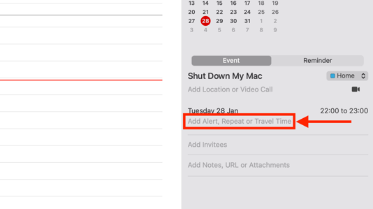 Add Alert Repeat or Travel Time for event in Calendar app on Mac.