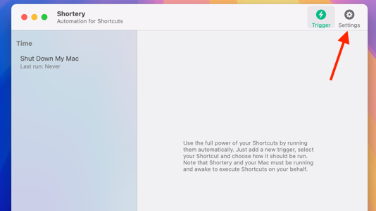 Settings button in the Shortery app on Mac.