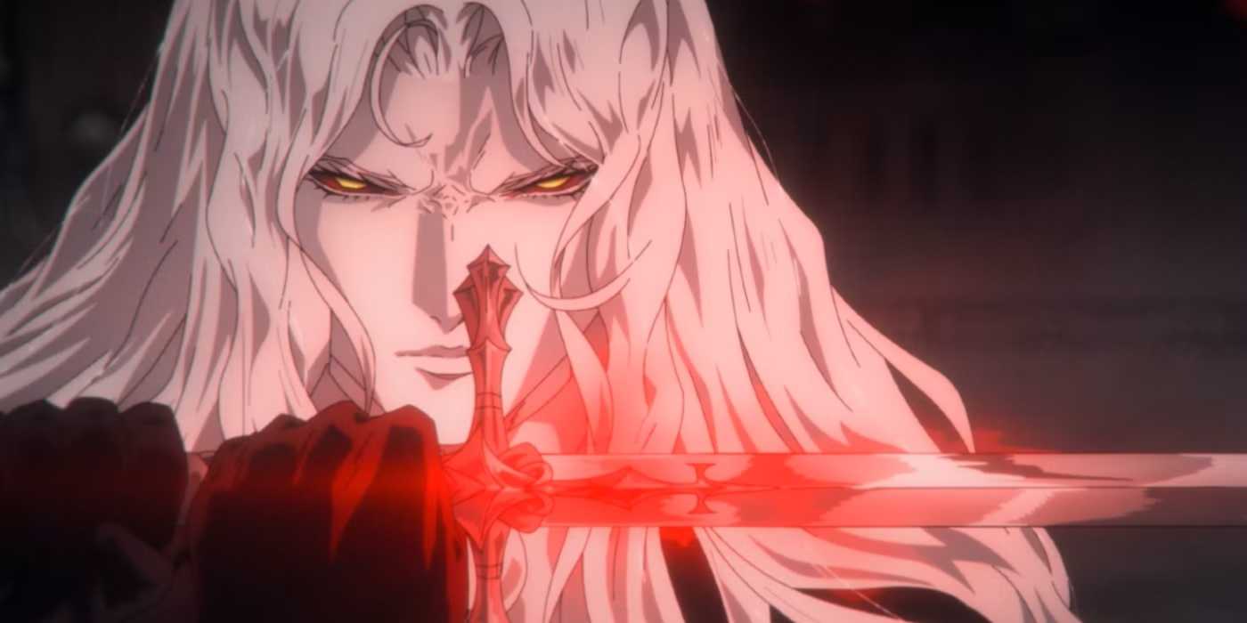 Alucard stares with bloodshot eyes and his red glowing sword in Castlevania Nocturne season 2.