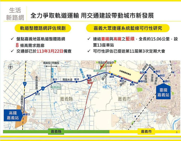 嘉義輕軌藍線路線規畫全長15.06公里、有13座車站的示意圖。（嘉市府提供／廖素慧嘉市傳真）