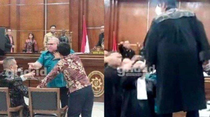 PENGACARA NAIK KE MEJA - Tim pengacara Razman Arif Nasution, Firdaus Oiwobo naik ke atas meja saat sidang pencemaran nama baik di Pengadilan Negeri Jakarta Utara, pada Kamis (6/2/2025). Dalam sidang itupula, Razman nyaris adu jotos dengan Hotman.