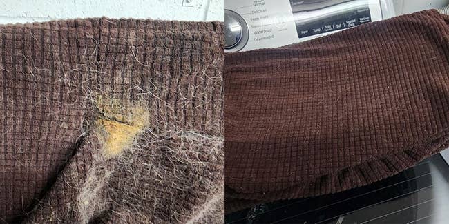close up of fabric covered in vomit and hair next to image of fresh clean fabric
