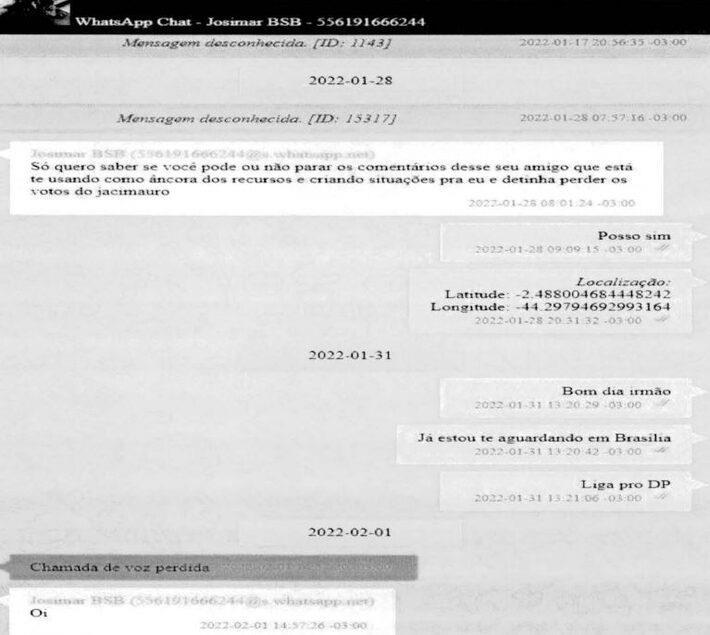 Mensagem de Josimar Maranhãozinho reproduzida no relatório da PF: corporação diz que parlamentar chefiava quadrilha de cobrança de propina sobre emendas Foto: DPF / Reprodução