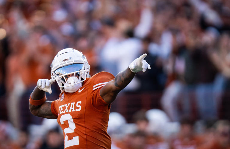 Texas Longhorns wide receiver Matthew Golden (2) celebrates a catch in the second quarter as the Texas Longhorns play the Clemson Tigers in the first round of the College Football Playoffs at Darrell K Royal Texas Memorial Stadium in Austin, Texas, Dec. 21, 2024.