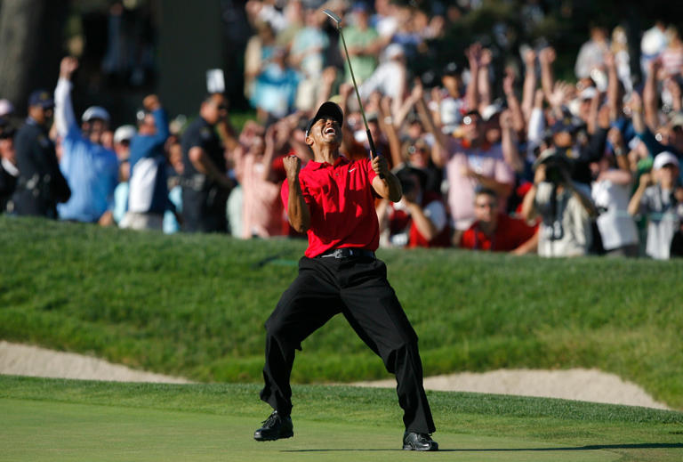 Tiger Woods celebrates after making birdie on the 18th hole to force a playoff with Rocco Mediate during the fourth round of the U.S. Open golf championship at Torrey Pines in San Diego June 15, 2008.