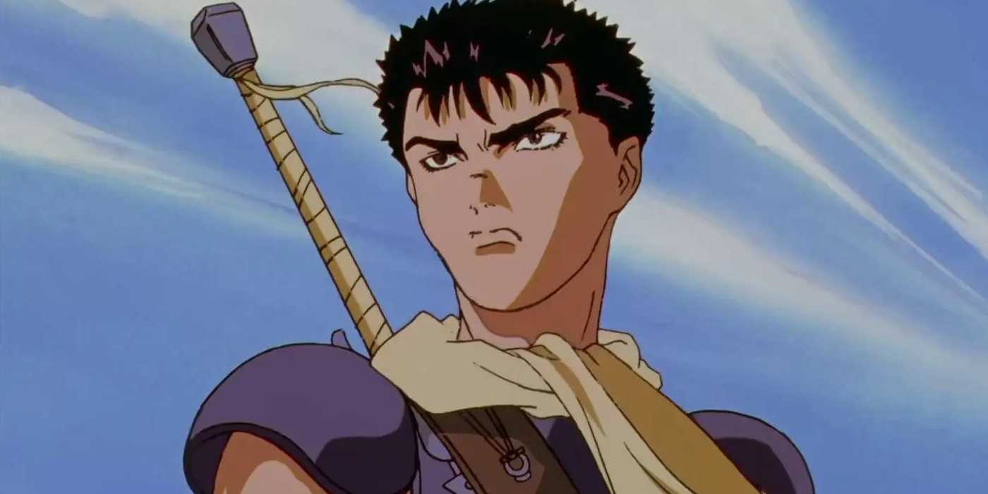 Guts looks courageous in 90s Berserk anime with a blue sky behind him.