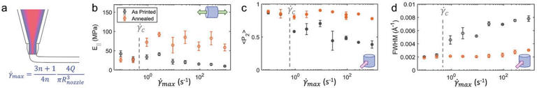 Impacts of printing rate on structural and mechanical anisotropy measured in individual filaments upon 3DP and subsequent thermal annealing. (CREDIT: Advanced Functional Materials)