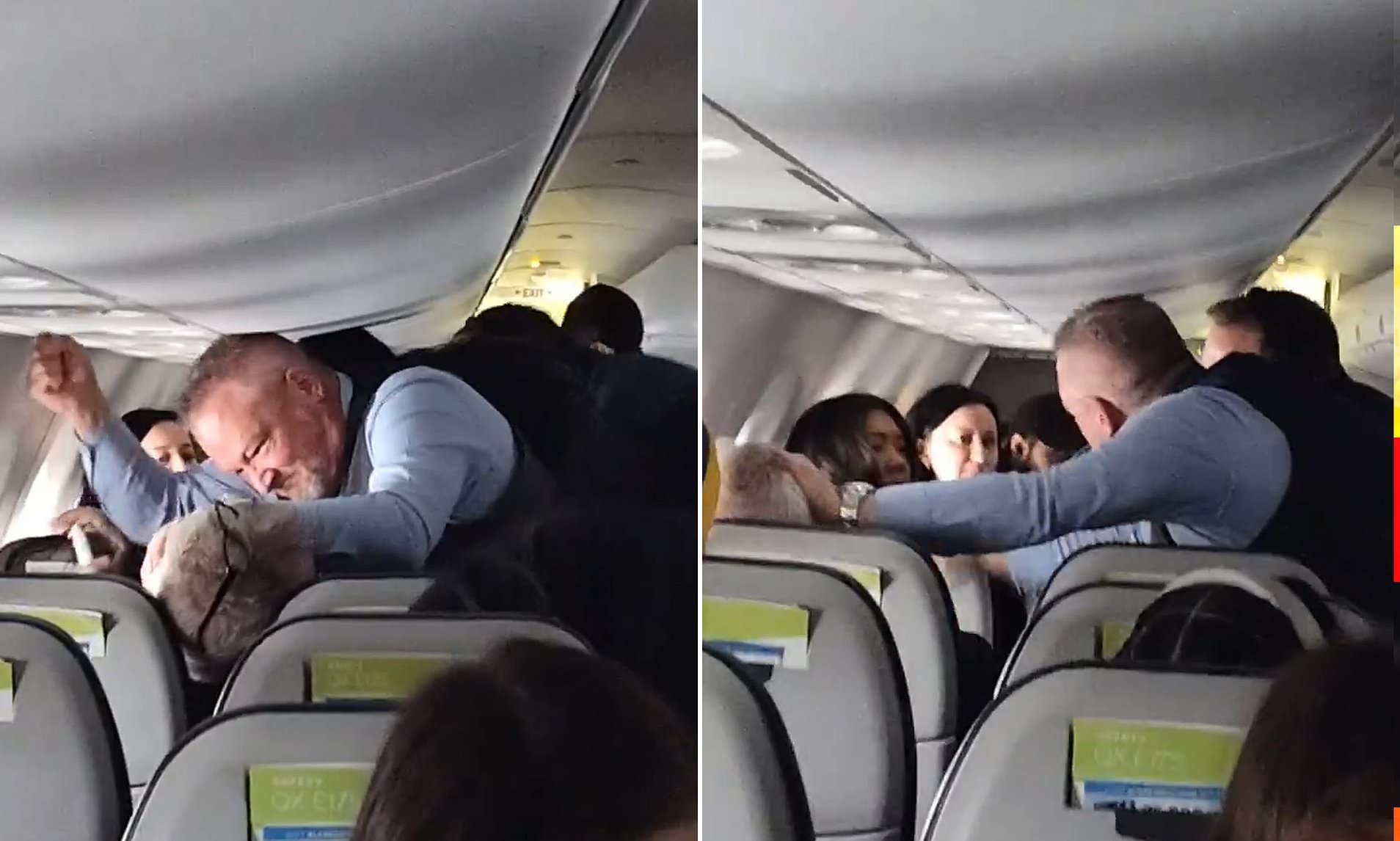Moment flight attendant restrains passenger pulling woman's hair