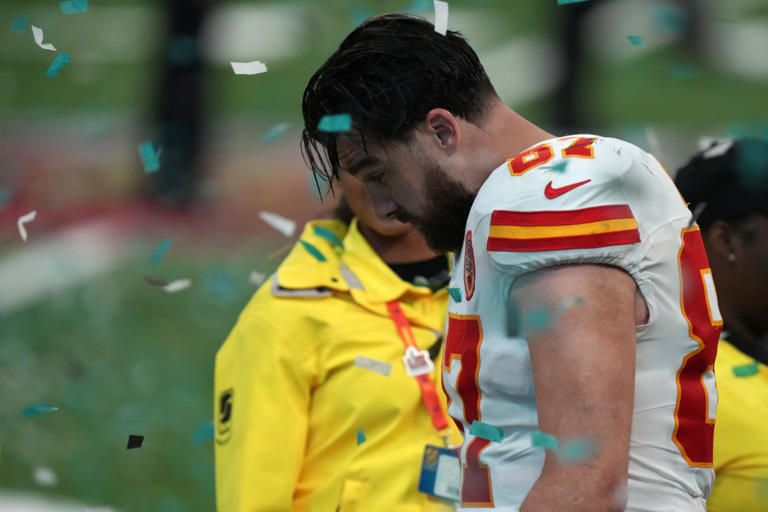 Kansas City Chiefs tight end Travis Kelce after the Eagles won Super Bowl LIX. Kirby Lee-Imagn Images