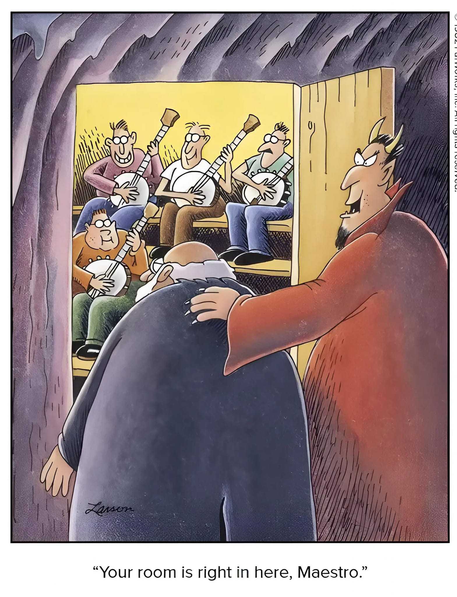 The devil ushers a conductor into a room full of enthusiastic banjo players.