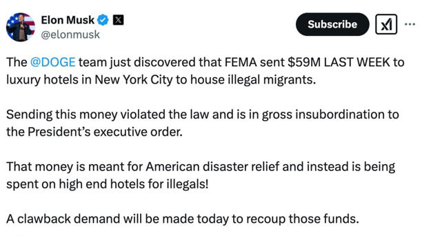 Taking to X, the world’s richest man said Monday that FEMA has “violated the law” by sending this money to various swanky hotels in the Big Apple. @elonmusk/X