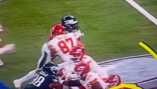 Kelce was in pass protection and missed Sweat, who went right by him and to Mahomes