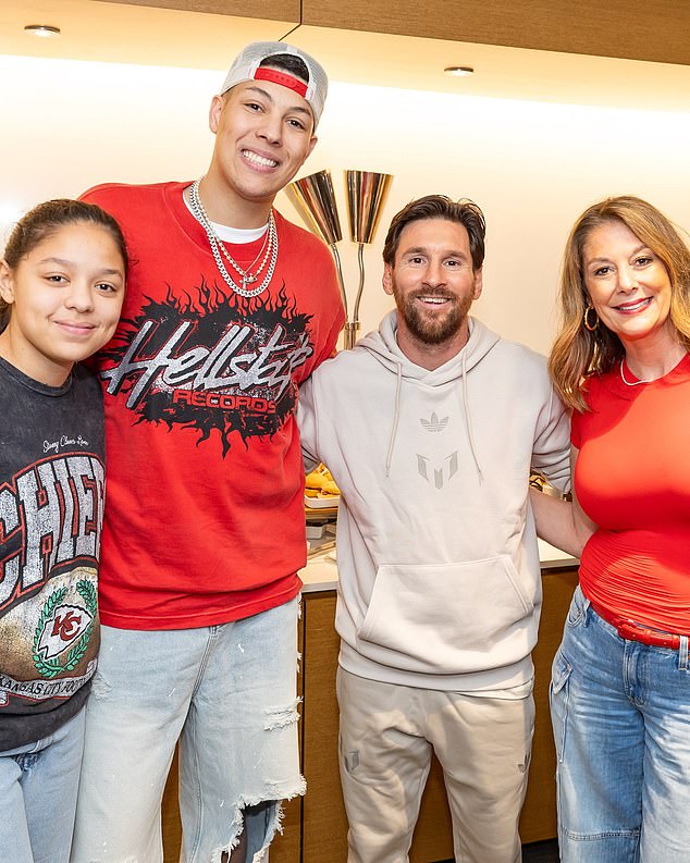 Randi Mahomes (far right) posted a series of images from the Super Bowl - including this one with her daughter Mia, her son Jackson, and soccer icon Lionel Messi