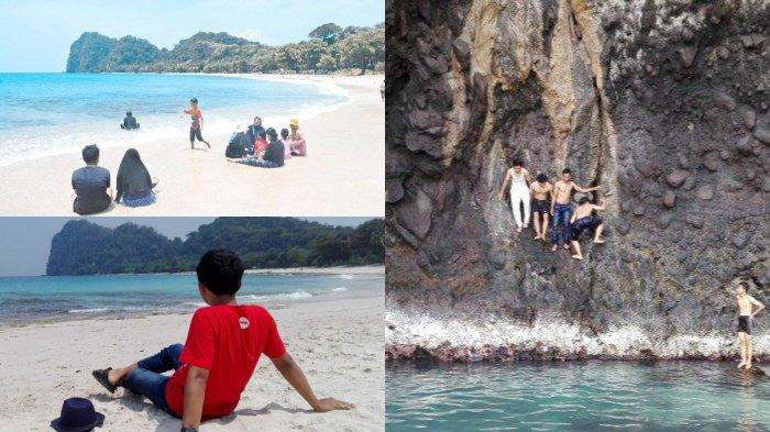 Kolase foto Pulau Sangiang. Ada banyak spot di Pulau Sangiang yang dapat dijelajahi, mulai dari Pantai Pasir Putih, pantai berkarang, tebing bebatuan, hingga goa kelelawar. (Kolase TribunBanten.com/Instagram)