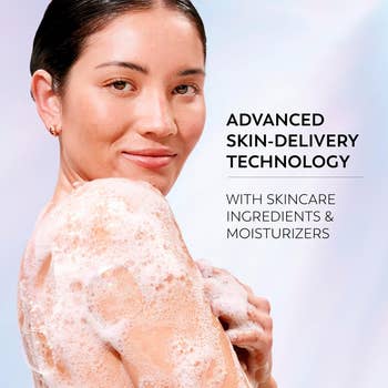 A woman with wet hair and soapy skin promotes skincare technology with moisturizers. Text highlights