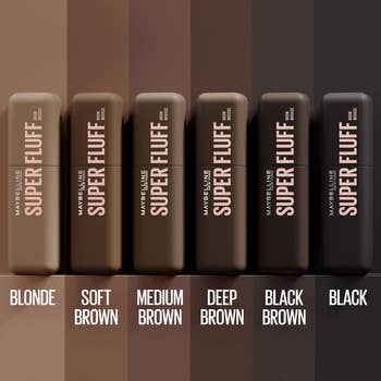 Six lipstick shades labeled: Blonde, Soft Brown, Medium Brown, Deep Brown, Black Brown, and Black. Part of a shopping article
