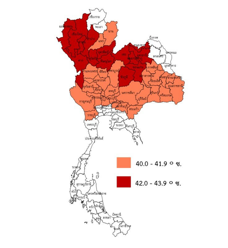 จังหวัดที่มีโอกาสเกิดอากาศร้อนจัดในบางช่วงตั้งแต่ปลายเดือนมีนาคม -กลางเดือนเมษายน 2568 