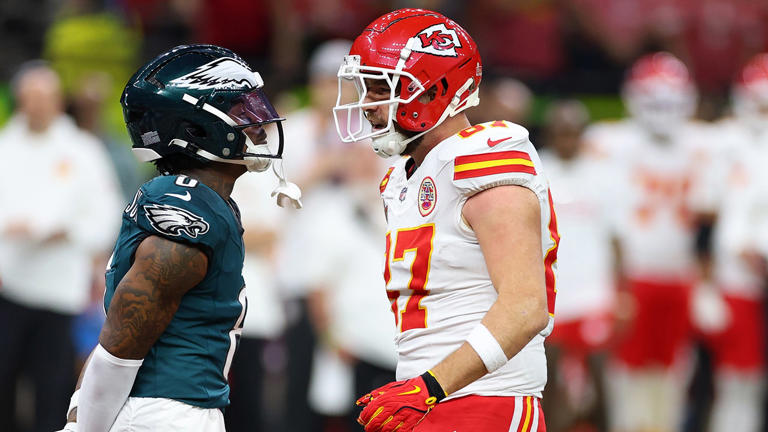 C.J. Gardner-Johnson, #8 of the Philadelphia Eagles, and Travis Kelce, #87 of the Kansas City Chiefs, face off in the first quarter during Super Bowl LIX at Caesars Superdome on Feb. 9, 2025 in New Orleans. Getty Images