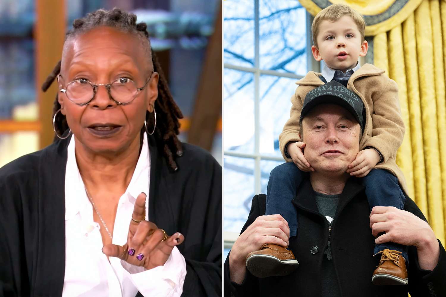 ABC; JIM WATSON/AFP via Getty Whoopi Goldberg on 'The View' ; Elon Musk with his son, X, at the White House