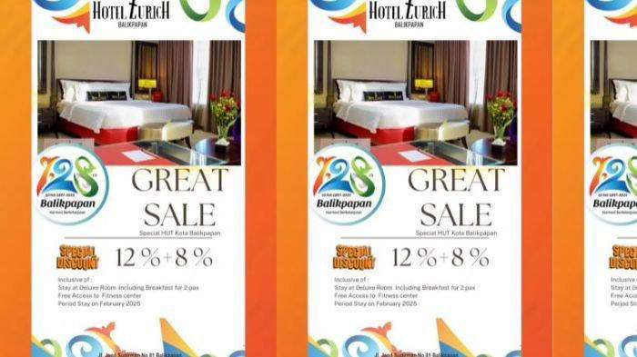 PROMO ZURICH - Tangkapan layar yang diambil dari postingan instagram @pemkot_balikpapan (5/2/2025). Hotel Zurich juga memberikan promo menarik selama HUT ke-128 Kota Balikpapan. ((Instagram.com/@hotelzurichbalikpapan))