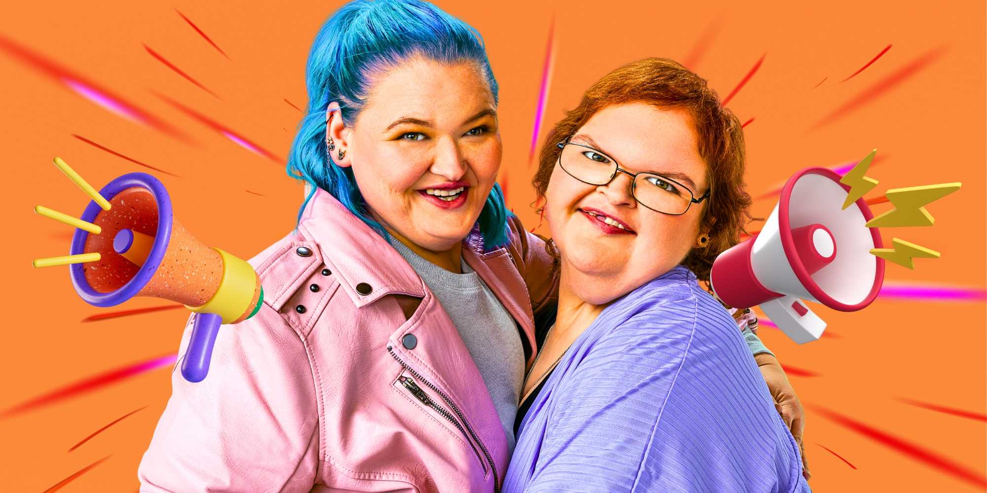1000-Lb Sisters' Amy and Tammy Slaton embrace each other while smiling, next to two megaphones.