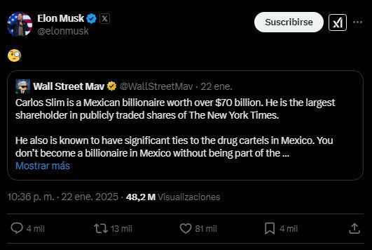 Elon Musk compartió un enlace al reportaje que vinculaba a Carlos Slim con el narcotráfico. | Captura de pantalla.