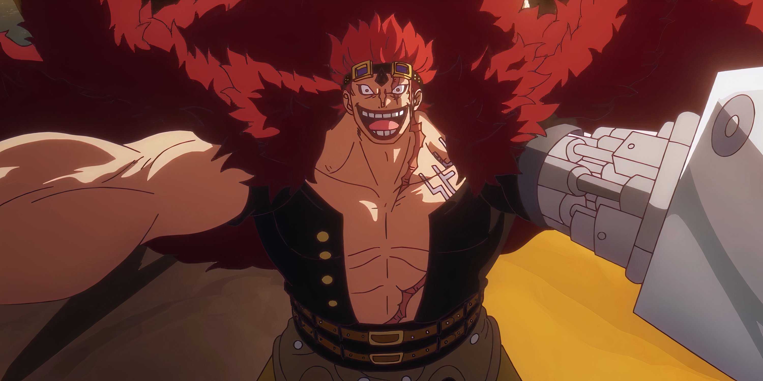 Eustass Kid is smiling with excitement while holding his arms spread wide in One Piece's Episode 1112, which occurs during the Egghead Arc.