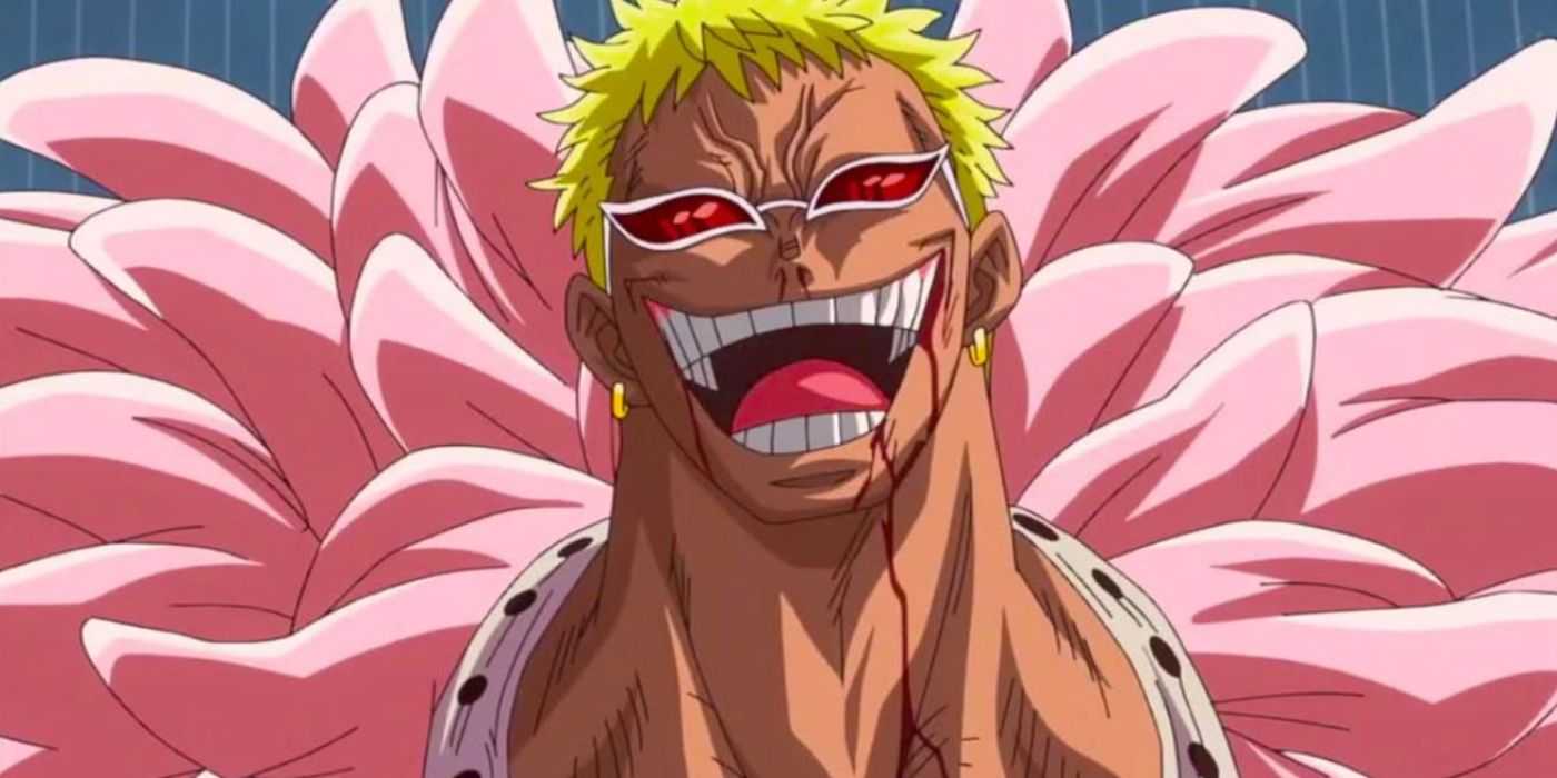 Donquixote Doflamingo laughs maniacally in One Piece