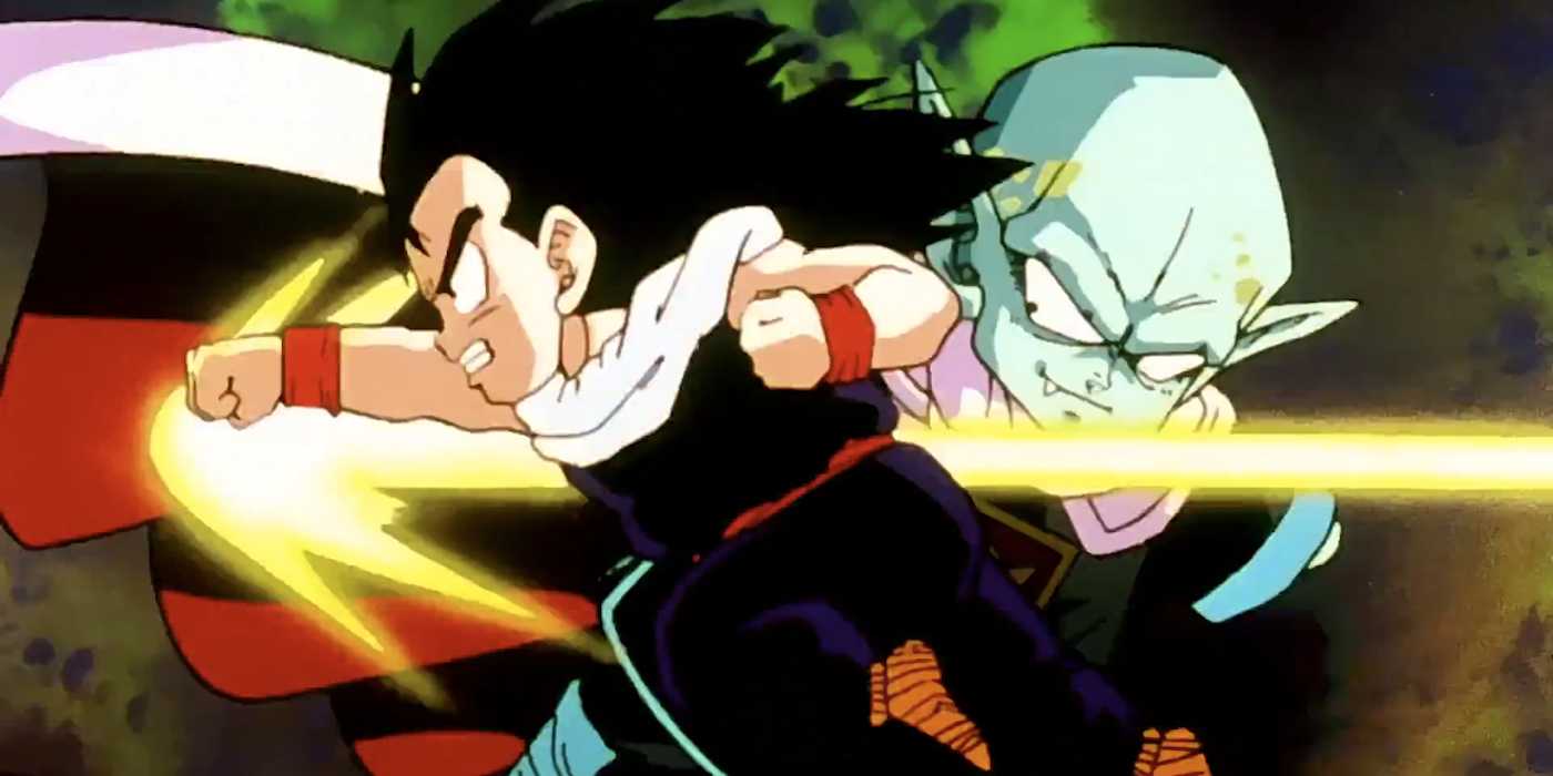 Garlic J. dodges Gohan's Energy Punch in Dragon Ball Z.