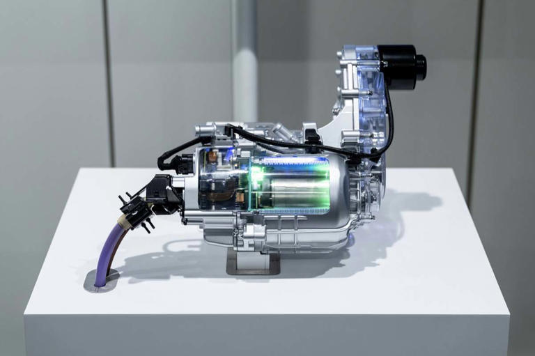En este conjunto fabricado en plástico se deja ver el motor eléctrico de 48 voltios auxiliar y sus engranajes, para conectar a la salida de la caja de cambios
