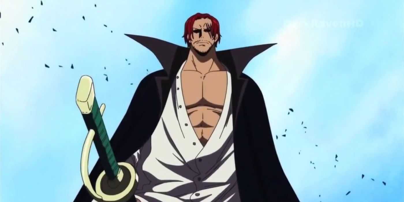 Shanks' eyes are cast in shadow as he stands with a grimi expression while ending the Summit War in One Piece.