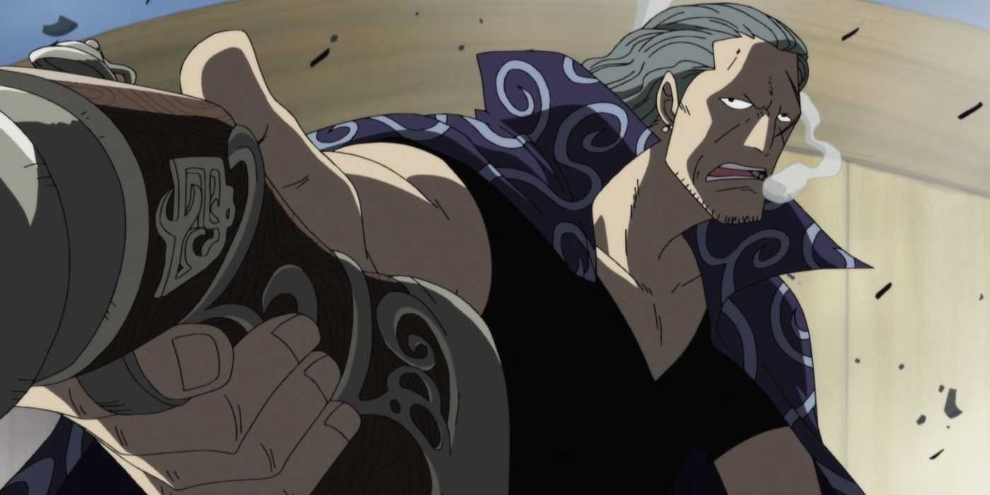 Benn Beckmann points his gun at Admiral Kizaru at Marineford in One Piece.