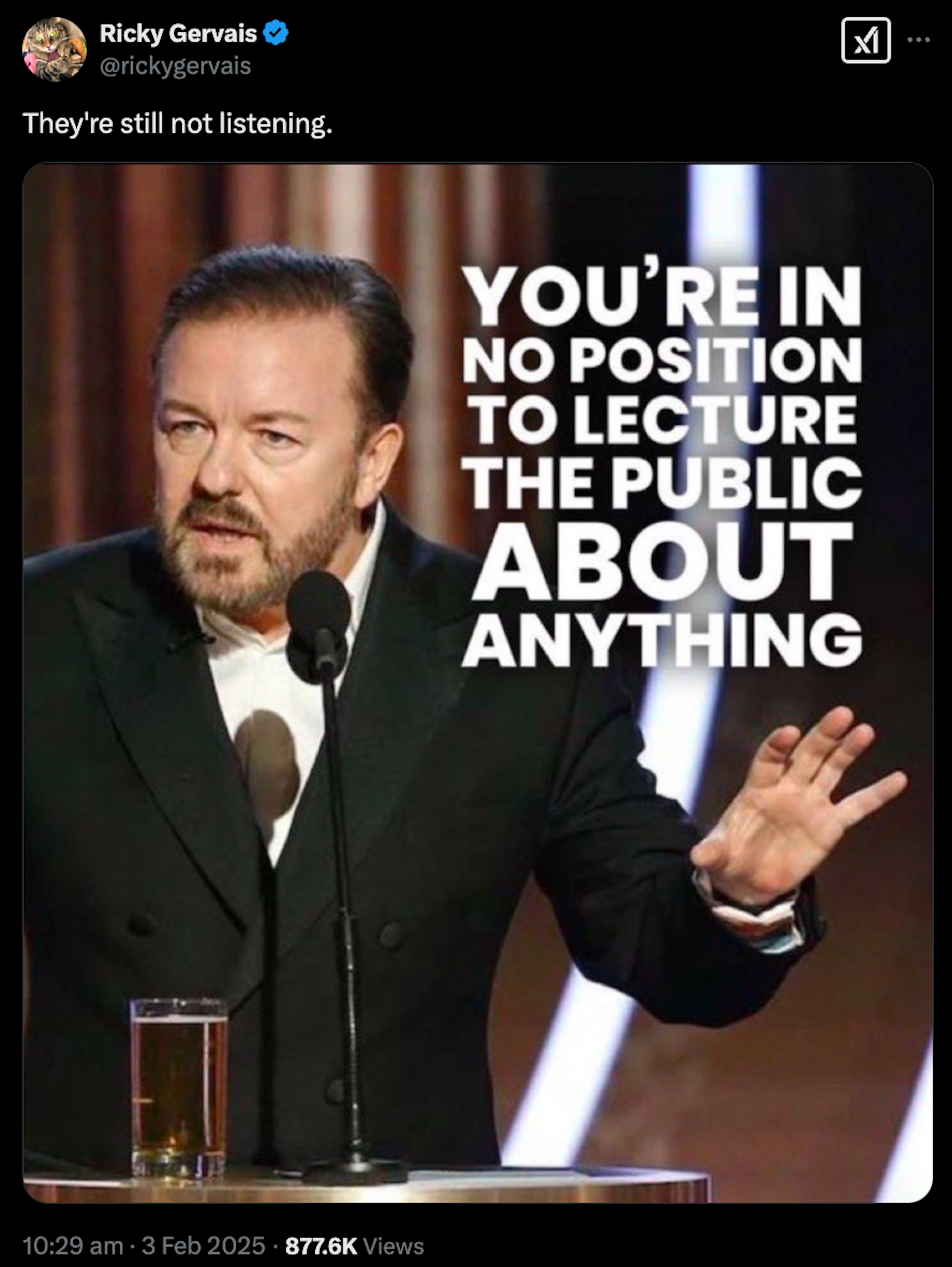 Ricky Gervais says 'they're still not listening' in apparent response