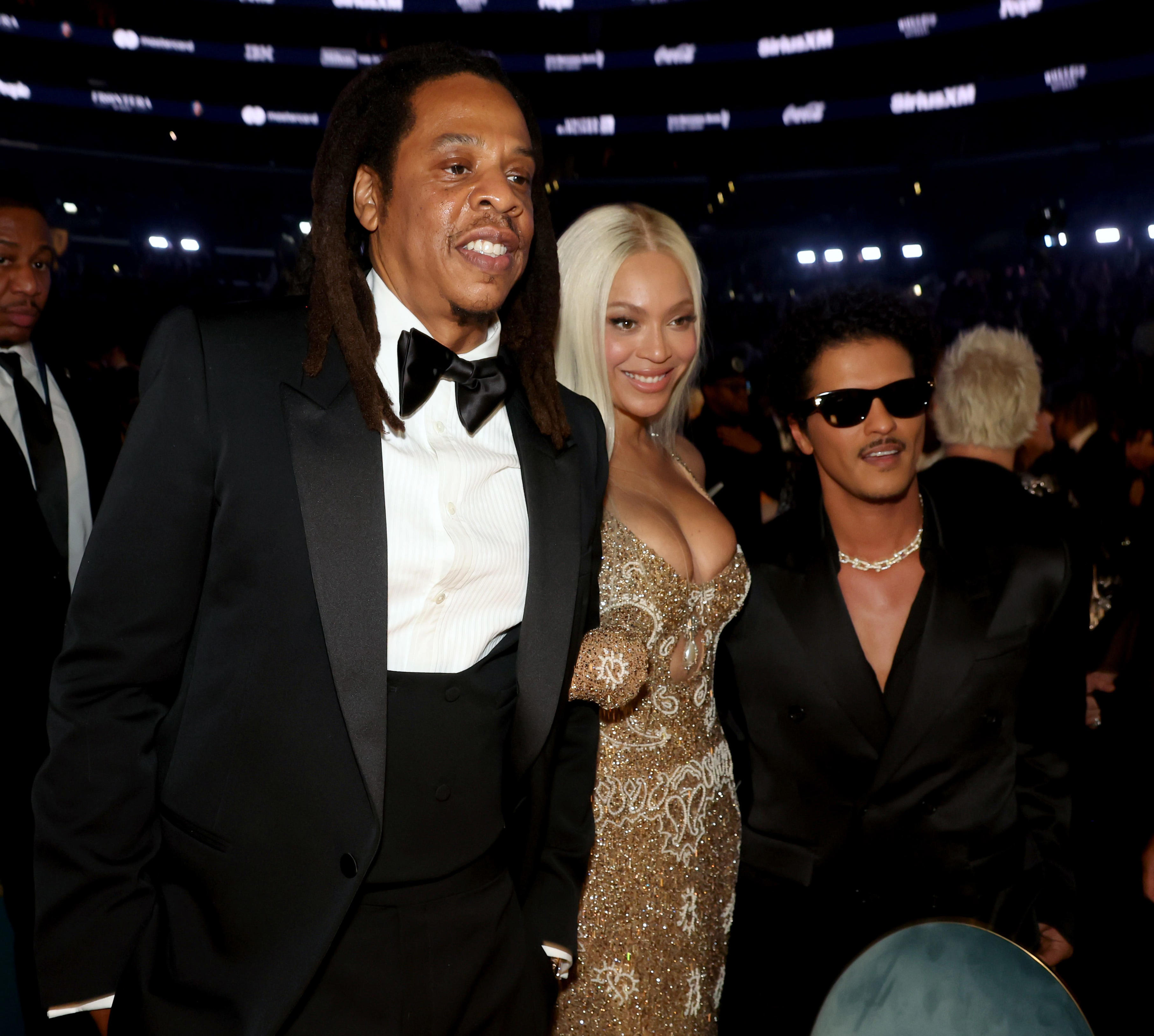 Jay-Z, Beyoncé and Bruno Mars pose together at the 67th Annual GRAMMY Awards at Crypto.com Arena on Feb. 2, 2025, in Los Angeles.