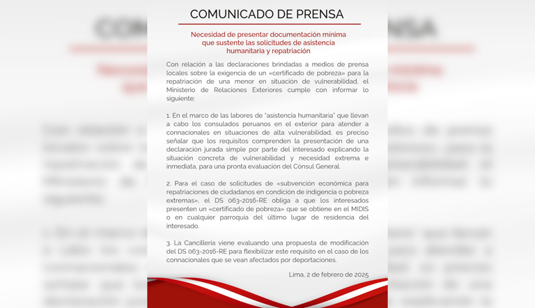 Cancillería si pidió certificado de pobreza a peruana deportada para traer a su hija de 6 años de EE.UU.