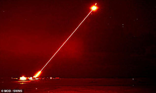 The images showed the beam targeting a drone above the ship, shooting it down in a ball of flames